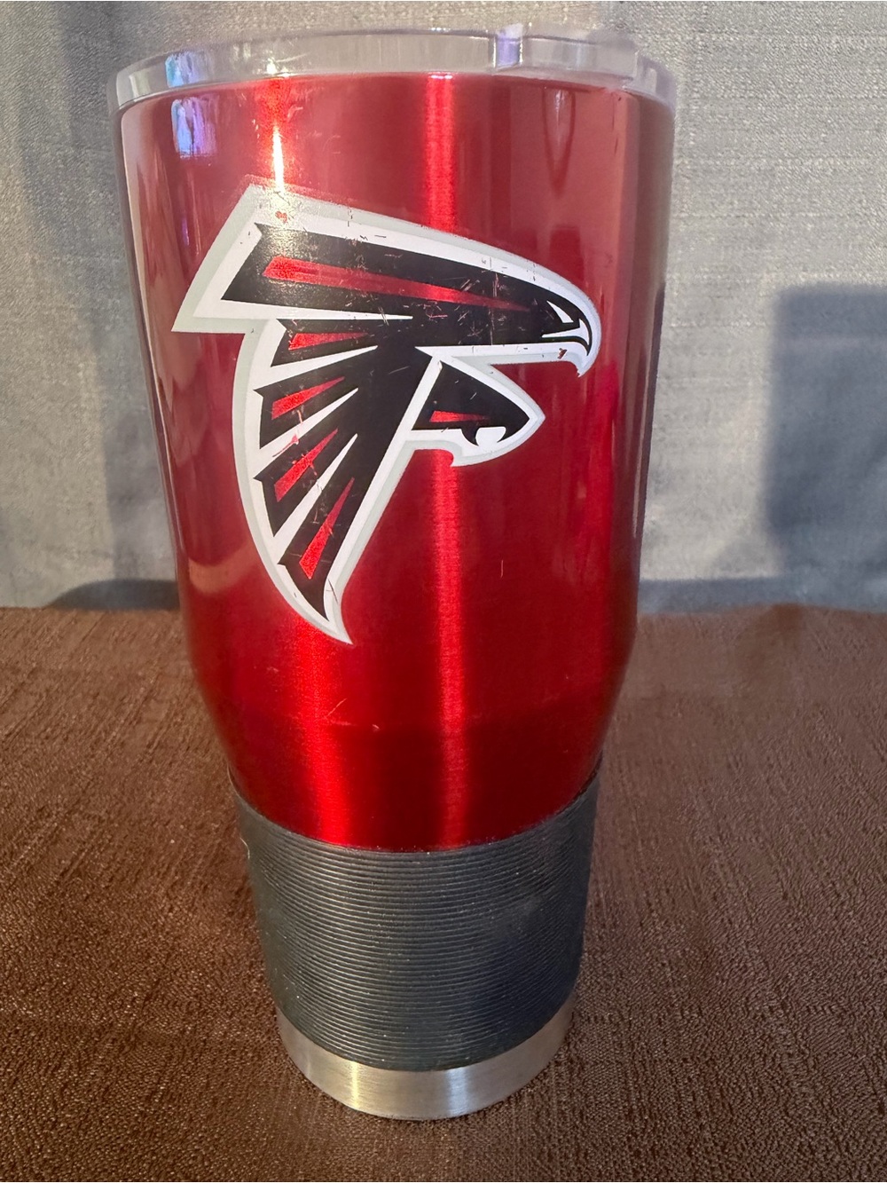 Red Stainless Steel Travel Tumbler with Team Logo and Grip